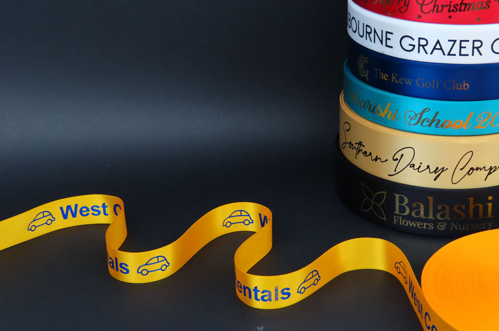 Continuous printed ribbon with logo.