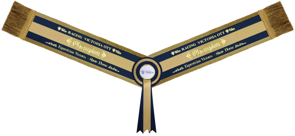 "Off The Track" equestrian sash with pleated edges and knife pleated rosette.